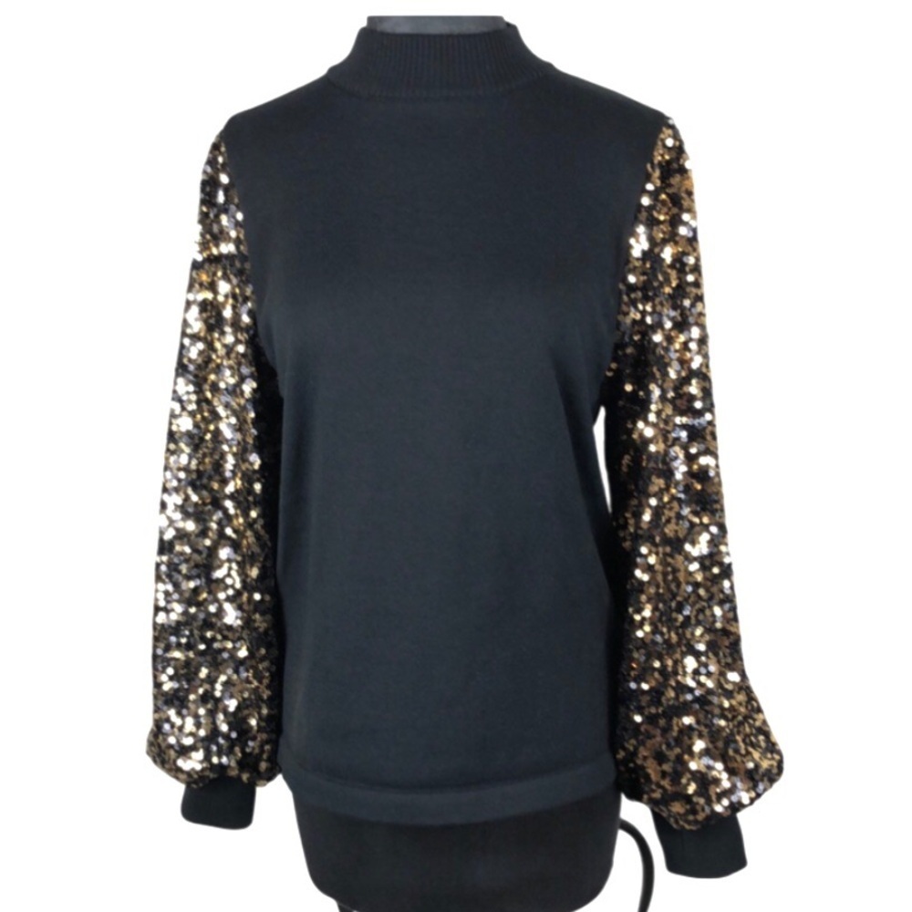 NEW GeeGee Sweater Black Gold Sequins Bubble Puff Sleeves Size Small